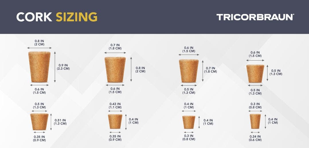 Chart of different tapered corks and their diameter and meansurements. 
