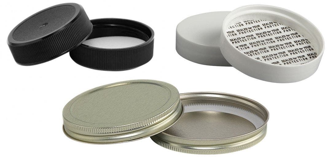 Photo on white background of different types of closures and liners including pressure sensitive seal, sfyp, and plastisol liners.