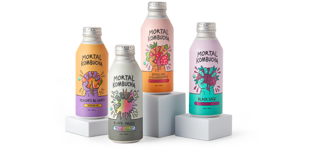 A row of glass swing top kombucha bottles