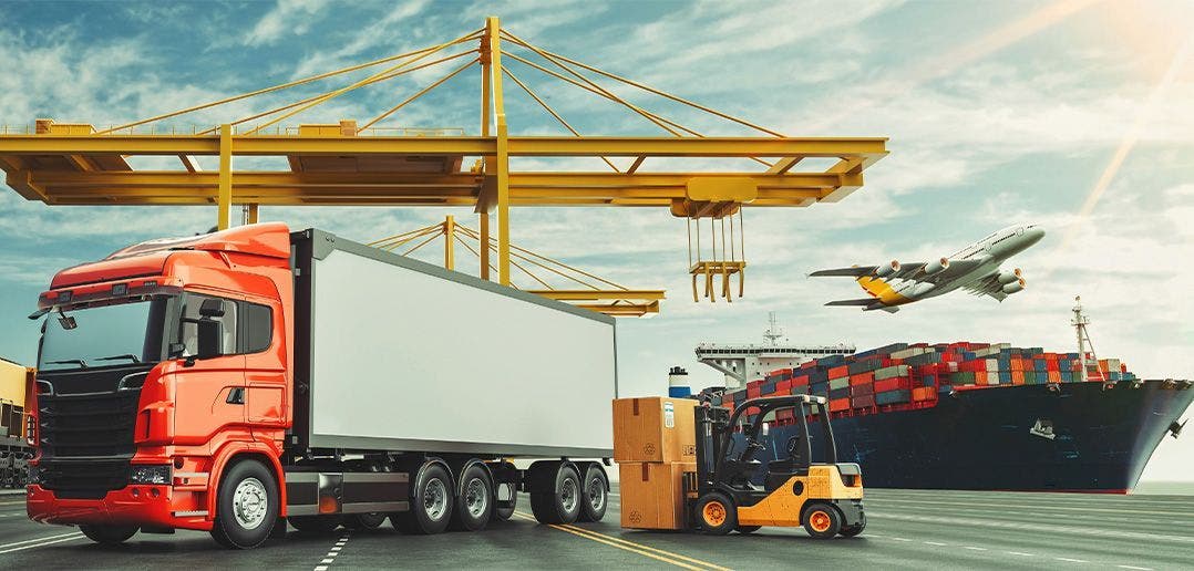 Shipping yard with container ship and truck