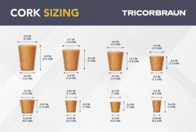 Chart of different tapered corks and their diameter and meansurements. 