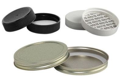 Photo on white background of different types of closures and liners including pressure sensitive seal, sfyp, and plastisol liners. Black, white, and gold closures.