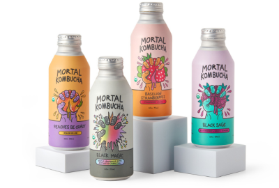 A row of glass kombucha bottles