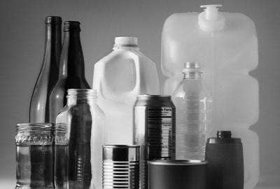 Black and white photo of various types of bottles including plastic, glass, and aluminum.