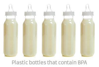 An image of plastic baby bottles that contain BPA