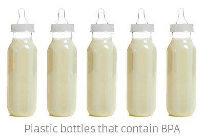 An image of plastic baby bottles that contain BPA