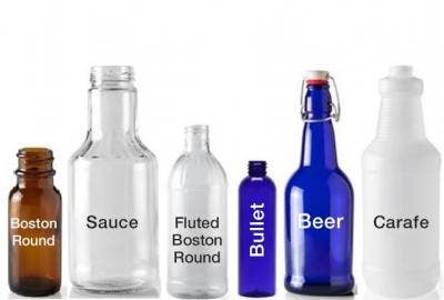A picture showing different types of bottles, including Boston Round, Sauce, Fluted, Bullet, Beer, Carafe, MOdern Round, Cylinder, Jug & Decanter styles
