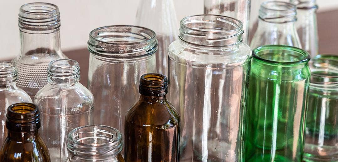 various glass bottles on a table