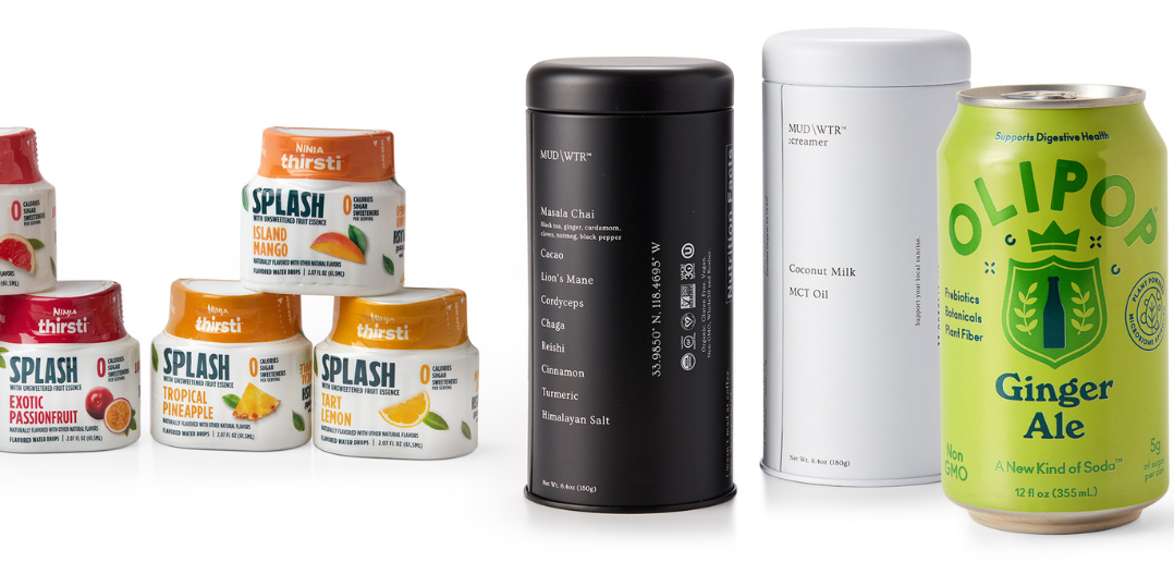 Various wellness drink brands next to each other including Olipop, MudWtr, and Ninja Thirsti