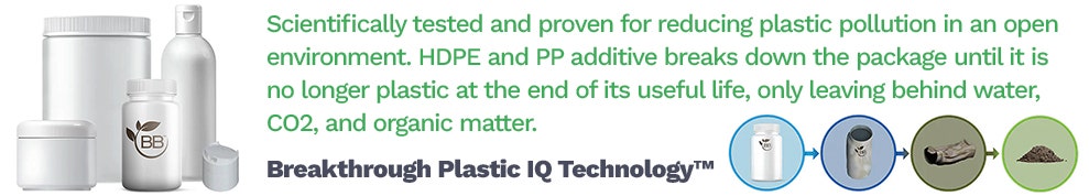 Breakthrough Plastic IQ Technology™ Scientifically tested and proven for reducing plastic pollution in an open environment. HDPE and PP additive breaks down the package until it is no longer plastic at the end of its useful life, only leaving behind water, CO2, and organic matter.