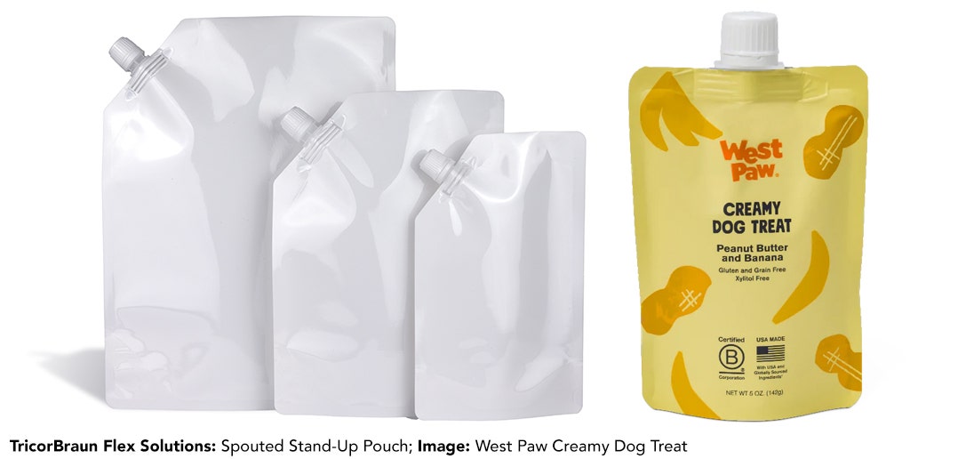 Spouted Stand-Up Pouch by TricorBraun Flex next to West Paw Creamy Dog Treat