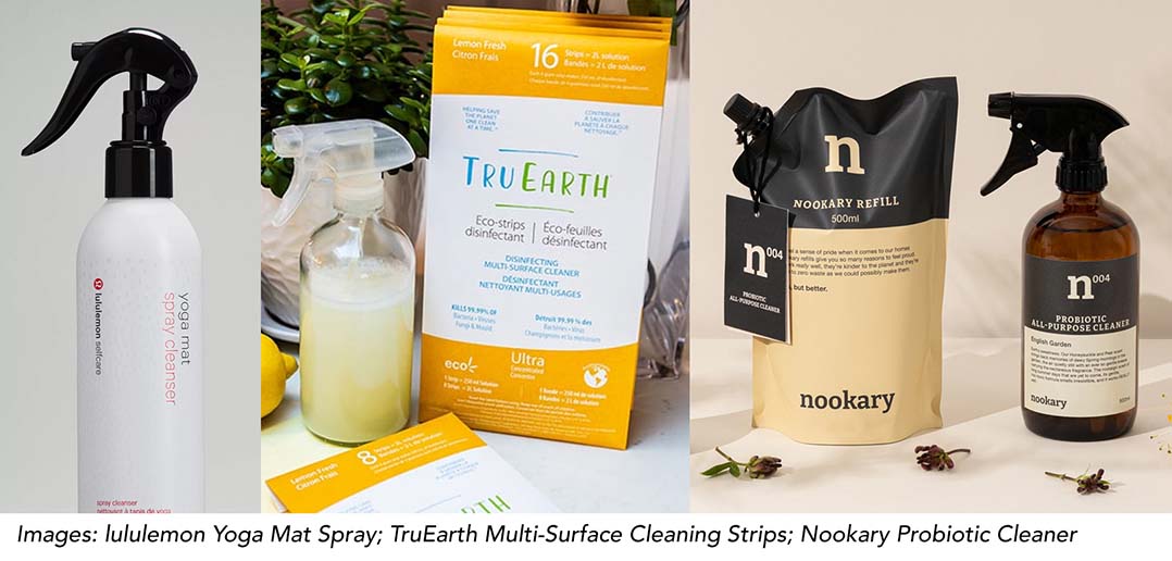 Lululemon yoga mat spray, truearth mulit-surface cleaning strips, nookary probiotic cleaner products