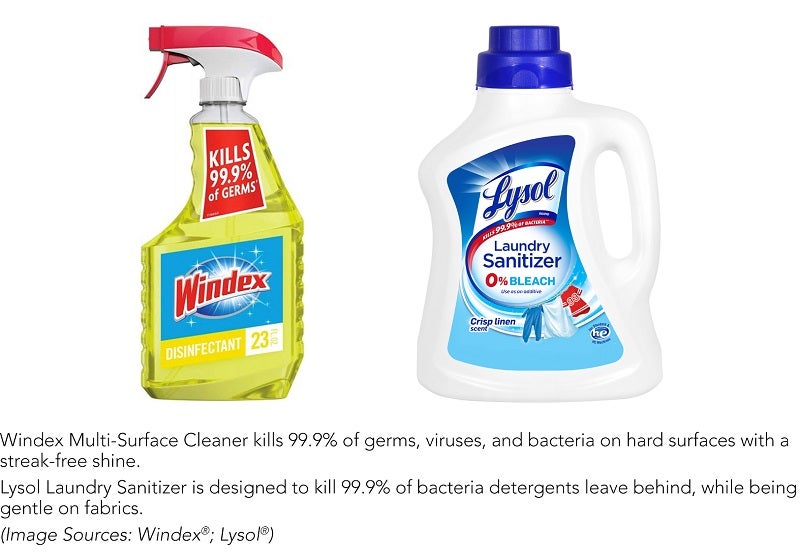 Windex and Lysol cleaner and sanitizer packaging