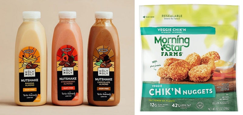 (Left) Holy Moly vegan shakes are a collection of plant-based “nut-shakes”