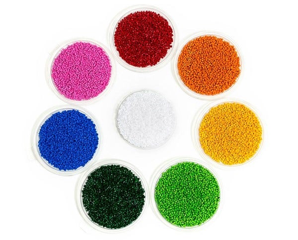 Array of plastic resins in different colors